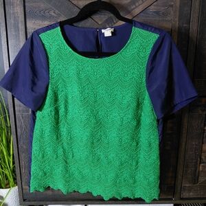 J. Crew Green Lace Blouse with Navy Sleeves